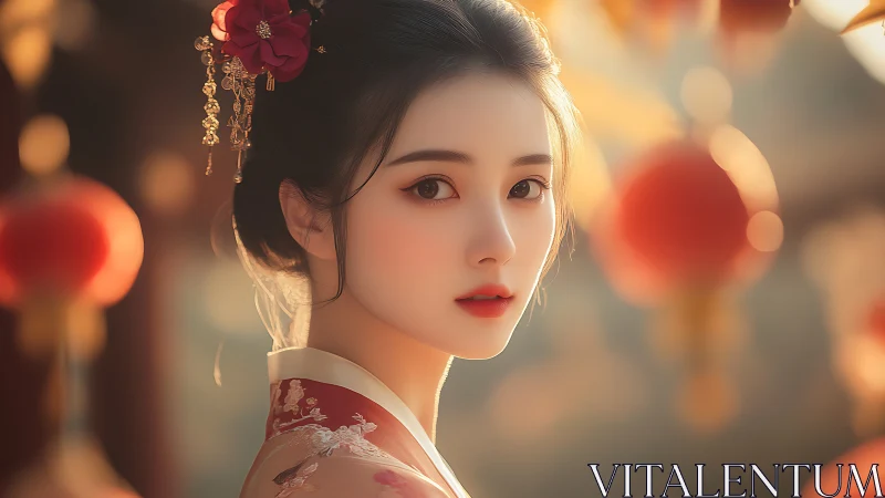 Elegant woman in traditional dress with lanterns at dusk.