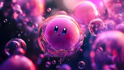 Digital painting of pink mascot in iridescent liquid bubble orbit.