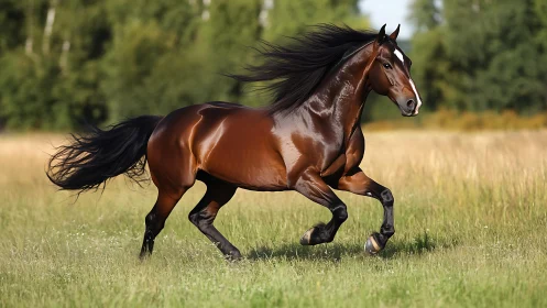 Sunlit chestnut stallion streaks like thunder over meadow.