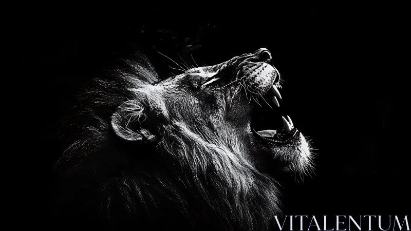 High contrast monochrome lion roar portrait on black field