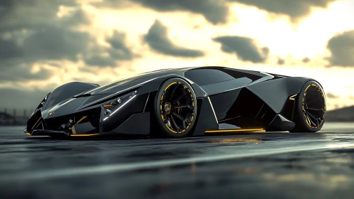Sleek midnight supercar resting beneath stormy golden skies.