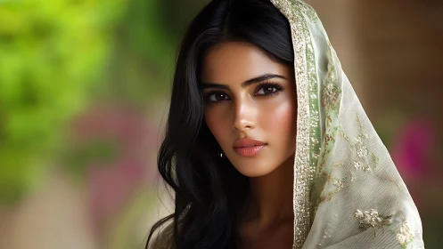 Portrait of woman in embroidered shawl, soft background.