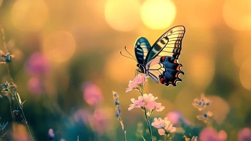 Macro butterfly study in golden bokeh meadow light.