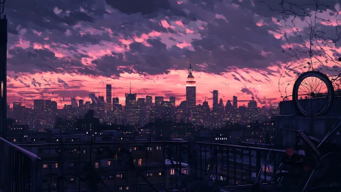 Twilight urban skyline from rooftop vantage with cinematic depth.