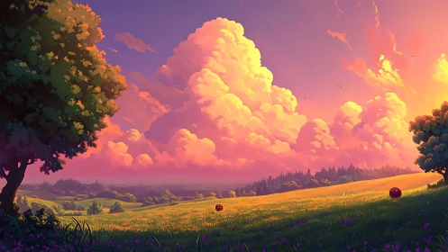 Sunlit rural meadow under dense cumulus cloud formations.