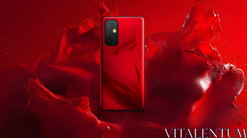 Sleek red smartphone with dual camera against abstract red splash.