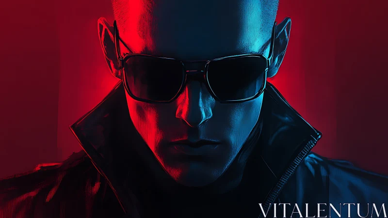 Digital portrait of man in sunglasses with red blue light.