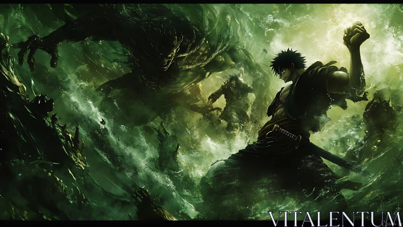 Dynamic anime battle tableau with high-contrast green atmospherics.