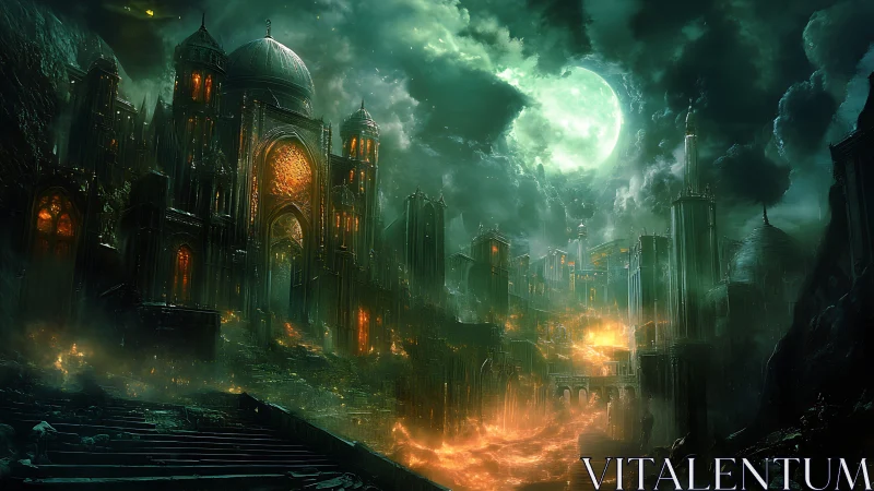 Moon-drowned infernal citadel under emerald stormlight.