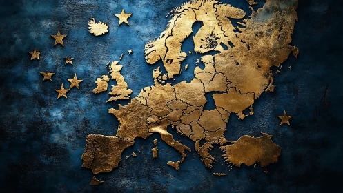 Gilded map of Europe glowing warmly on deep blue seas.
