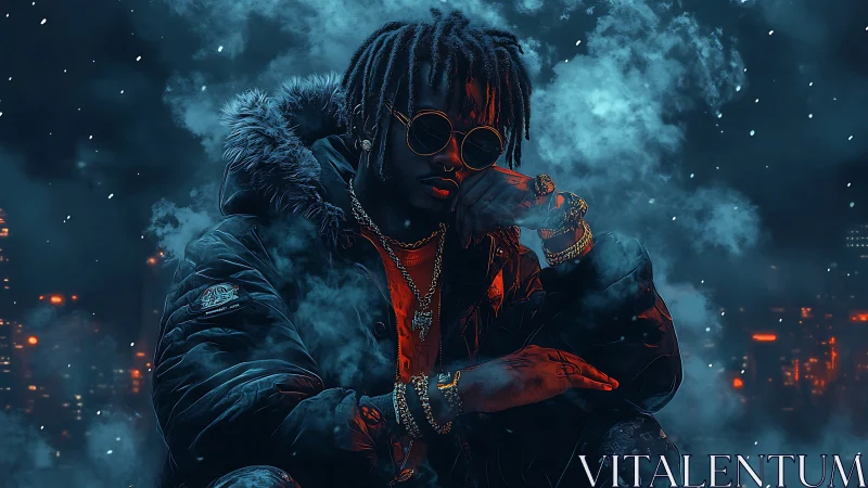 Urban figure in heavy jacket amid blue smoke at night.