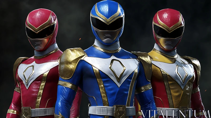 Color-charged heroes standing bold in gleaming armor.