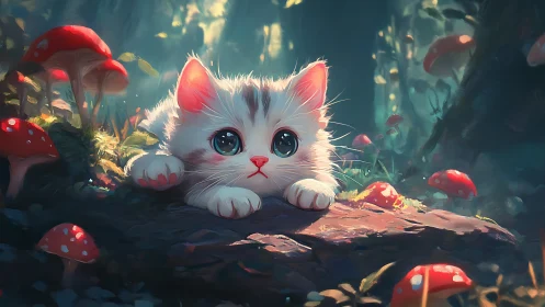 White Kitten in Enchanted Mushroom Forest with Bioluminescent Wildlife