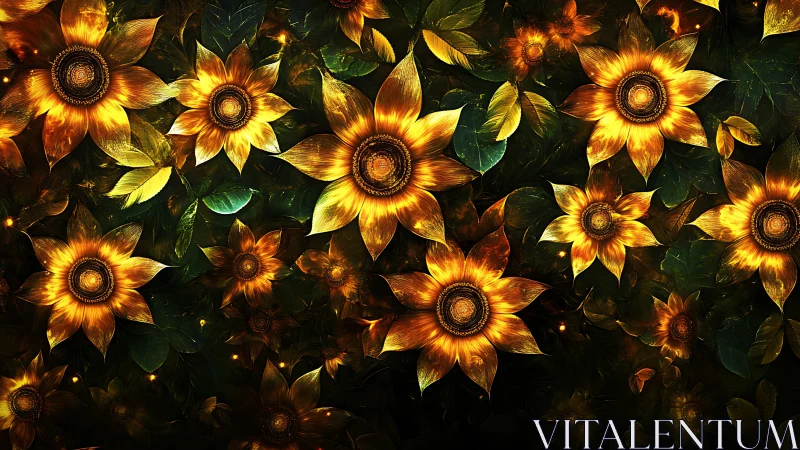 Midnight sunflowers ignite a jewel-toned forest dreamscape.