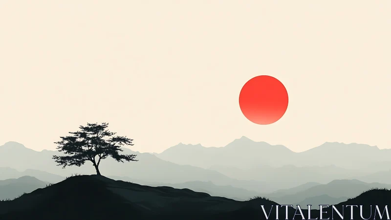 Minimalist red sun over layered mountain silhouettes at dusk.