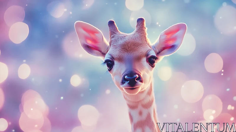Baby giraffe daydreams softly amid pastel bokeh starlight