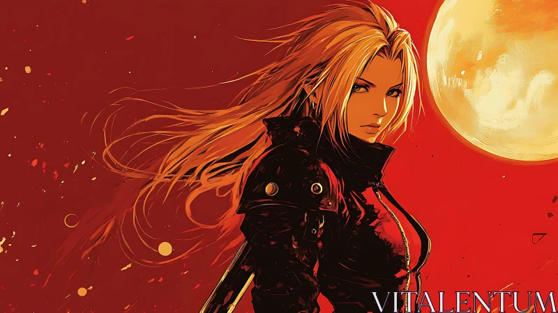 Blonde anime warrior in black coat before oversized blood moon