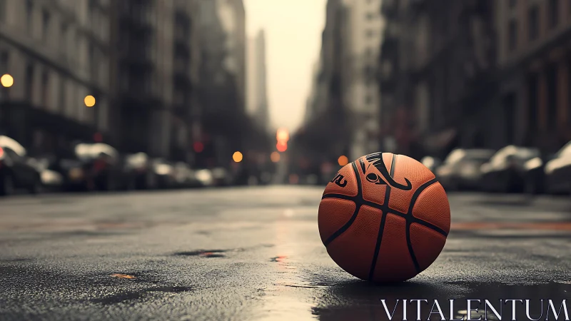 Basketball on wet urban street with blurred city backdrop.
