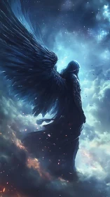 Celestial dark-winged figure rendered in high-contrast atmospheric depth