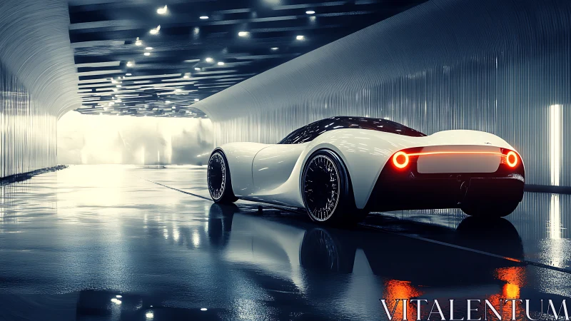 Futuristic white supercar glows in a sleek neon tunnel.