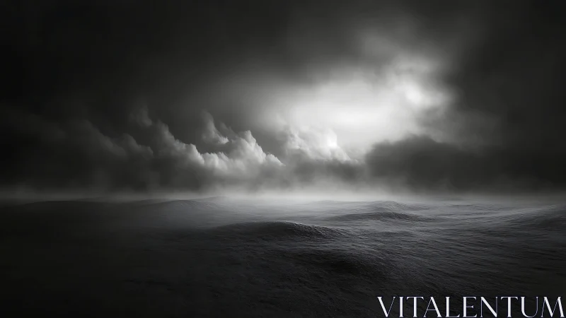 Monochrome volumetric seascape under turbulent stormfront.