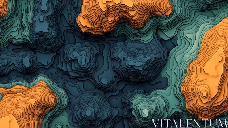 Layered topographic islands drift through teal and ember seas