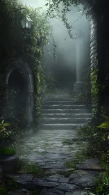 Stone stairway ascends through overgrown, misted courtyard