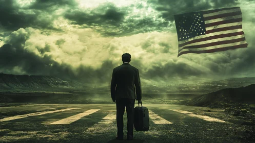 Solitary traveler surveys dystopian landscape under tattered flag