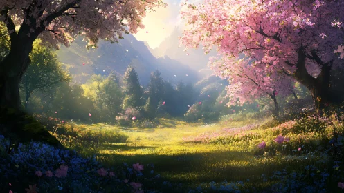 Blossomlit valley meadow dreaming beneath sunrise mountains.