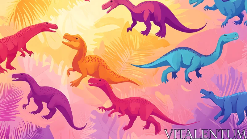 Color-rich dinosaurs stride across neon tropical jungle