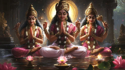 Triptych of meditative goddesses in symmetrical temple water scene