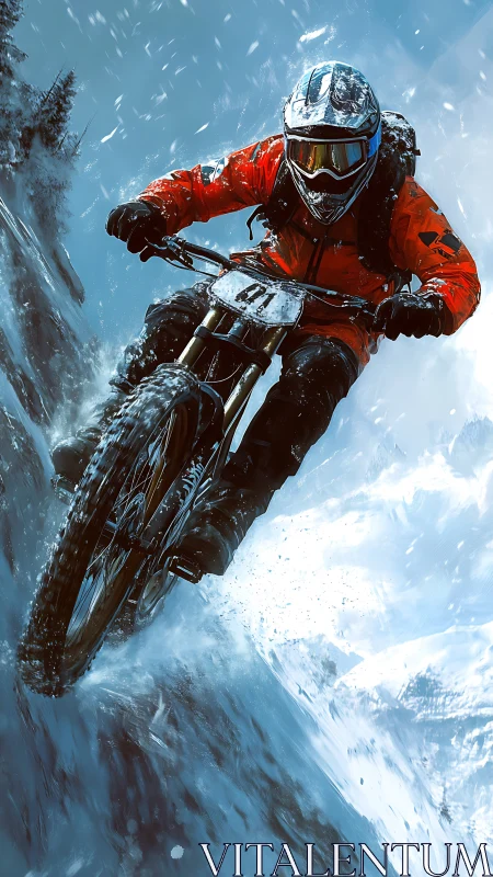 Downhill mountain biker charges through icy alpine slope.
