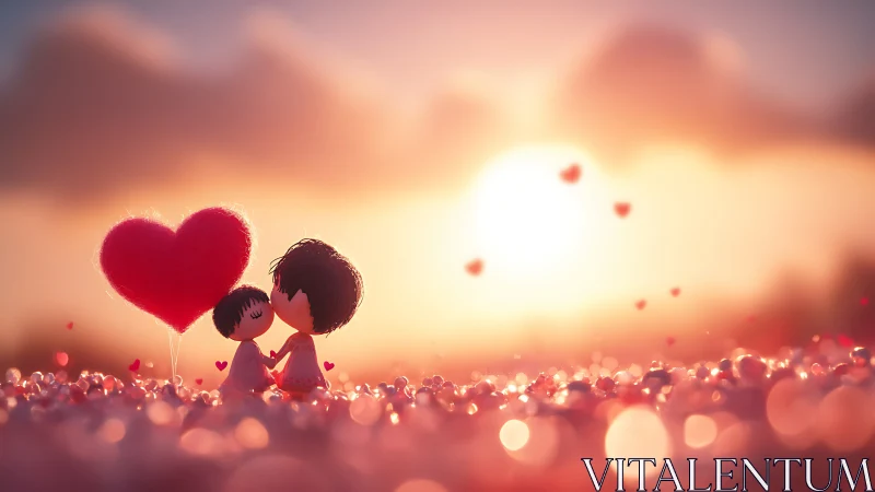 Two silhouetted figures sharing romantic moment beneath glowing heart balloon.