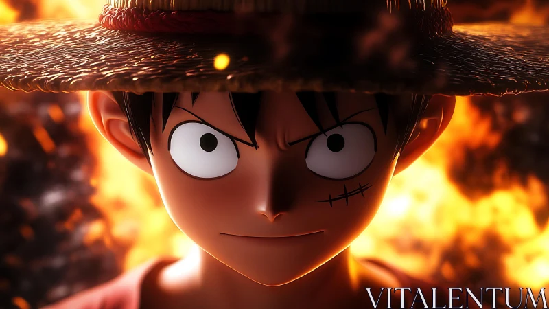Determined straw hat anime hero stands before intense flames