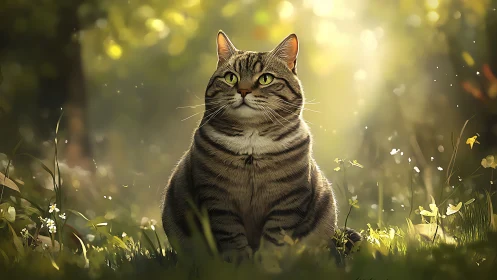 Tabby Cat in Sunlit Wildflower Meadow.