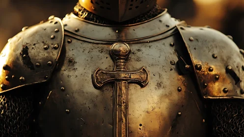 Medieval knight’s breastplate gleams around a central sword.