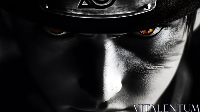 Close frontal view shows stylized face with metallic headband