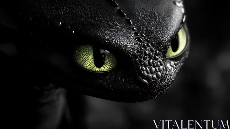 Glistening black dragon close‑up with luminous green eyes.