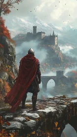 Armored knight overlooks distant mountain fortress calmly.