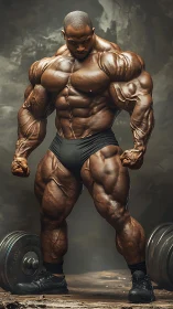 Massive bodybuilder stands in dim gym with hyperdefined muscles
