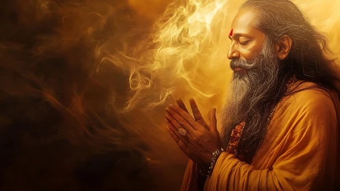 Elderly man in prayerful pose amid swirling golden light.