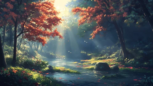 Autumn forest with stream and golden light rays through canopy