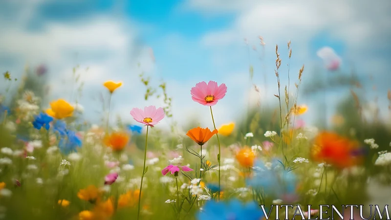 Wildflower meadow beneath blue sky with golden blooms.