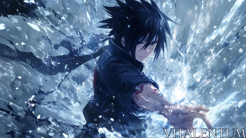 Dynamic anime warrior in explosive ice energy composition.