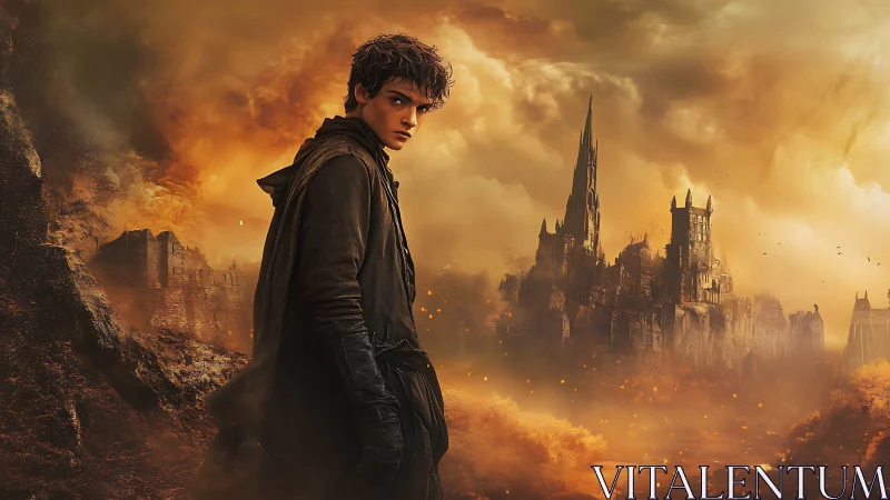 Solitary wanderer surveys a ruined citadel in burning dusk haze