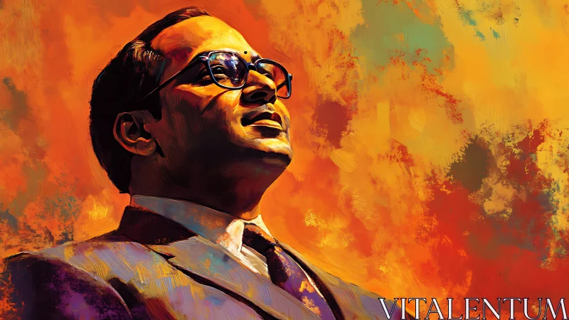 Male figure in suit painted against vivid orange backdrop