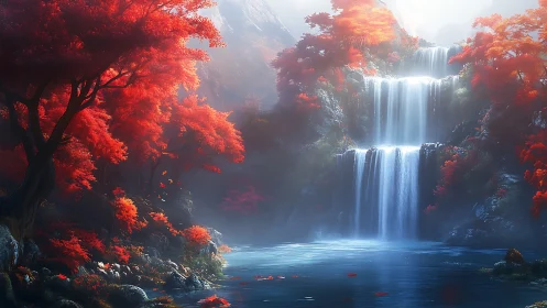 Crystalline tiered waterfall framed by luminous red foliage.