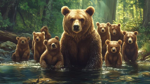 Brown bear mother leading cubs through sunlit forest stream