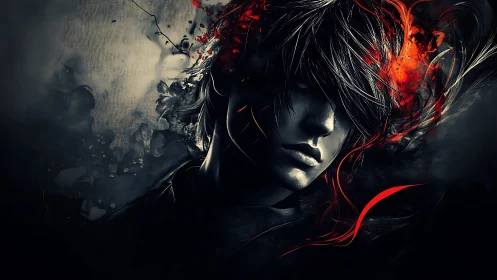 Dark portrait with crimson energy and fragmented strokes.
