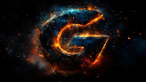 Fiery Metallic Letter G in Dark, Explosive Digital Art Style.